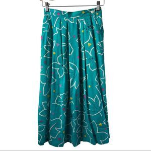 Chaus Vintage 80s Skirt MIDI Teal Vaporwave Polka Dot Flowers Womens Size 8